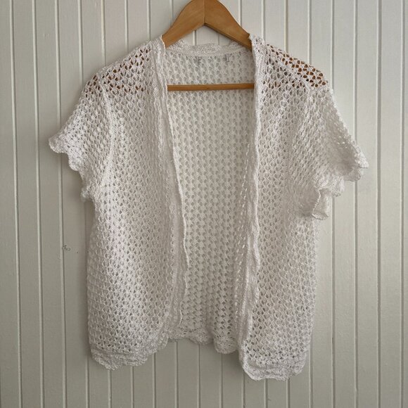 White Crochet Knit Cardigan with Short Sleeves - Picture 1 of 11